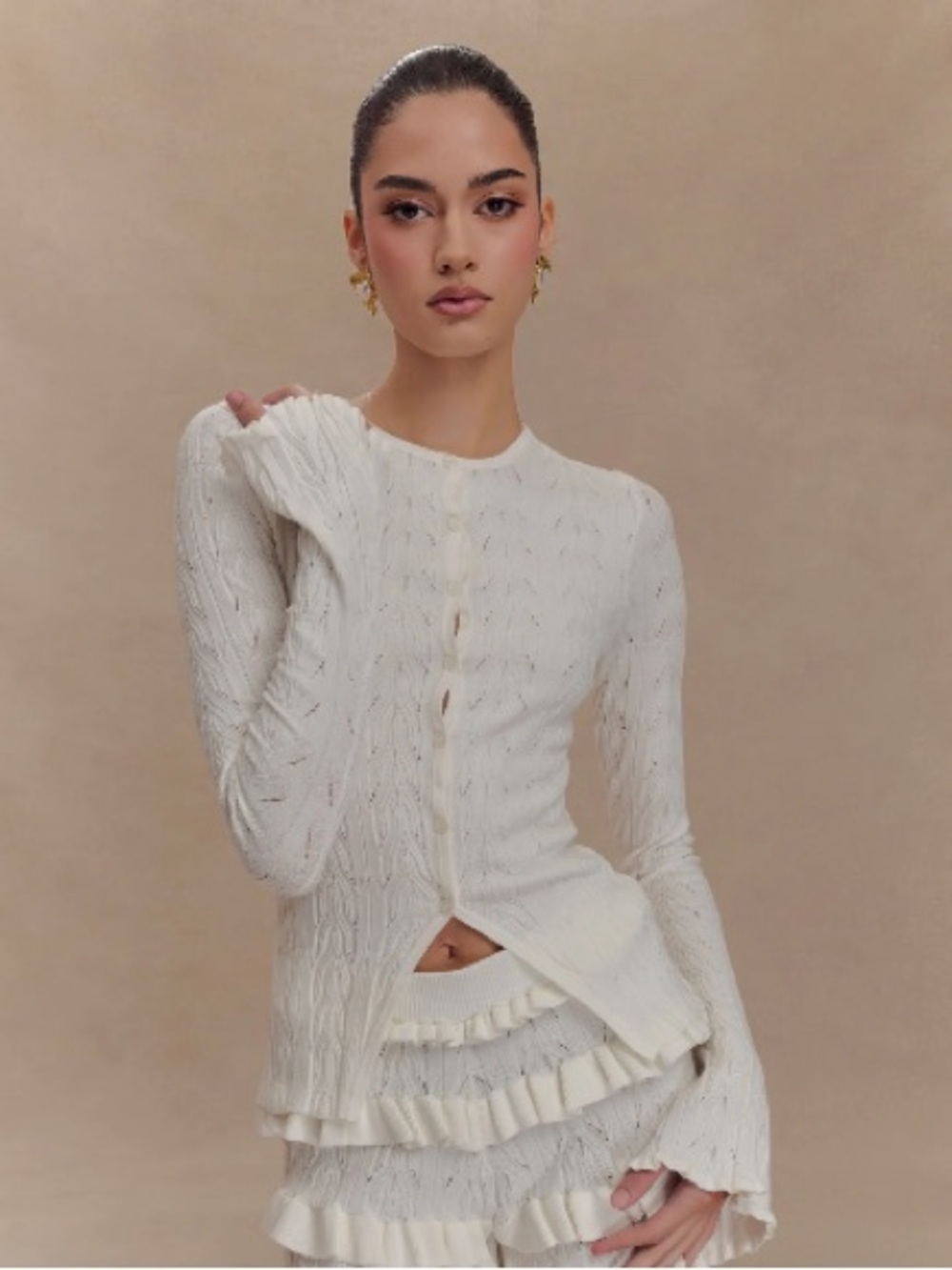 Meshki Meshki Amy Pointelle Bell Sleeve Cardigan in Ivory